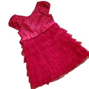 Jona‎ Michelle Girls Red Sequin and Mesh Ruffle Formal Dress Size 5